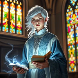 A young cleric with striking white hair, dressed in elegant clerical robes adorned with intricate patterns