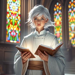 A young cleric with striking white hair, dressed in elegant clerical robes adorned with intricate patterns