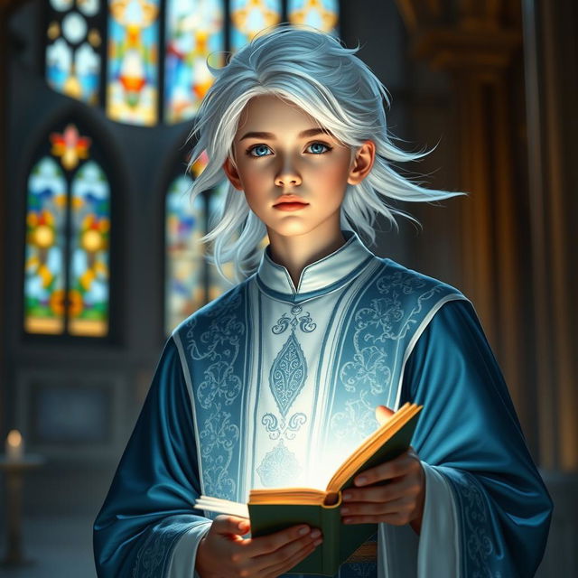 A young cleric with striking white hair, dressed in elegant clerical robes adorned with intricate patterns