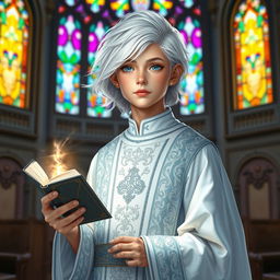 A young cleric with striking white hair, dressed in elegant clerical robes adorned with intricate patterns