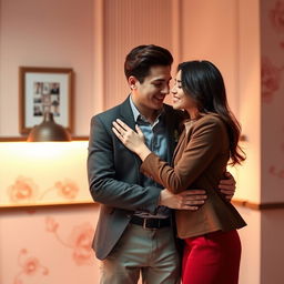 A romantic and professional wallpaper design featuring a couple, a loving boyfriend and girlfriend, in a cozy and stylish setting