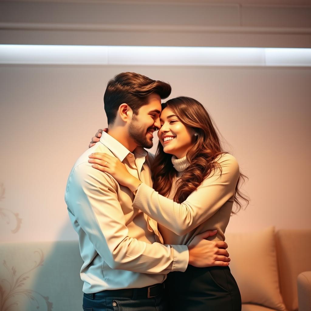 A romantic and professional wallpaper design featuring a couple, a loving boyfriend and girlfriend, in a cozy and stylish setting