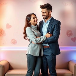 A romantic and professional wallpaper design featuring a couple, a loving boyfriend and girlfriend, in a cozy and stylish setting