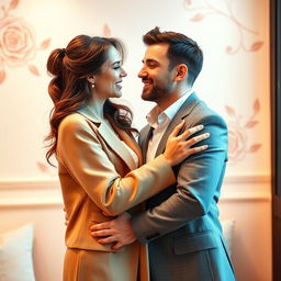 A romantic and professional wallpaper design featuring a couple, a loving boyfriend and girlfriend, in a cozy and stylish setting