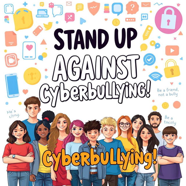 A vibrant and engaging poster designed to raise awareness about preventing cyberbullying