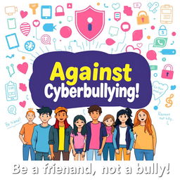 A vibrant and engaging poster designed to raise awareness about preventing cyberbullying