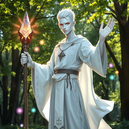 An albino cleric standing confidently in a sunlit forest glade, wearing a flowing white robe adorned with silver runes