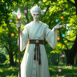 An albino cleric standing confidently in a sunlit forest glade, wearing a flowing white robe adorned with silver runes