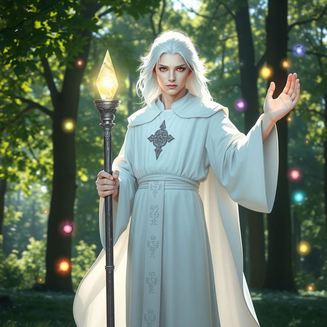 An albino cleric standing confidently in a sunlit forest glade, wearing a flowing white robe adorned with silver runes