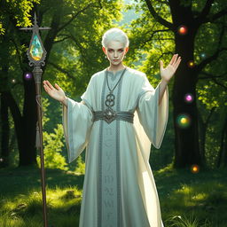 An albino cleric standing confidently in a sunlit forest glade, wearing a flowing white robe adorned with silver runes