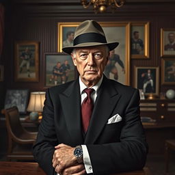 A creative depiction of Hansi Flick, the renowned football coach, styled as a godfather in a cinematic setting
