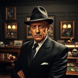 A creative depiction of Hansi Flick, the renowned football coach, styled as a godfather in a cinematic setting