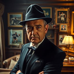 A creative depiction of Hansi Flick, the renowned football coach, styled as a godfather in a cinematic setting