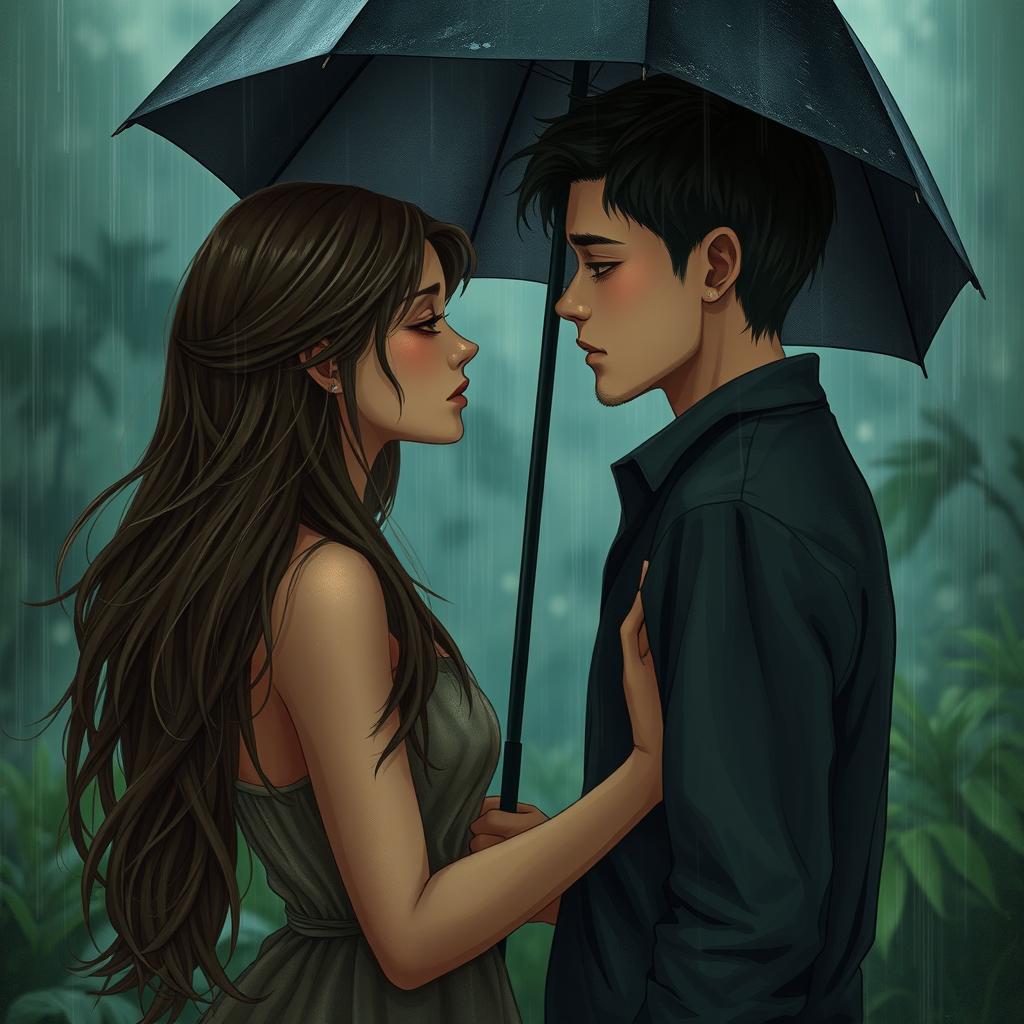 A deeply emotional scene depicting a couple in love who are about to part ways, set against a backdrop of melancholy rain