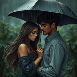 A deeply emotional scene depicting a couple in love who are about to part ways, set against a backdrop of melancholy rain