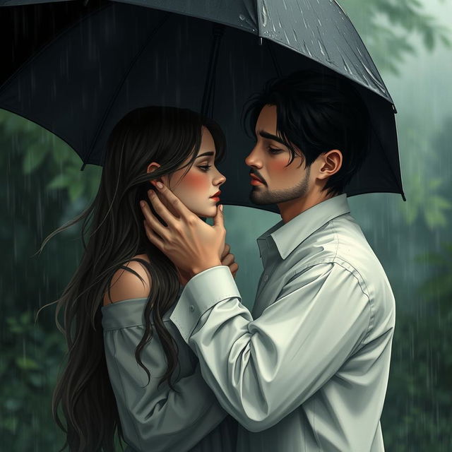 A deeply emotional scene depicting a couple in love who are about to part ways, set against a backdrop of melancholy rain