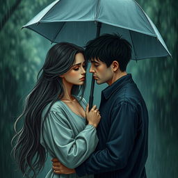 A deeply emotional scene depicting a couple in love who are about to part ways, set against a backdrop of melancholy rain