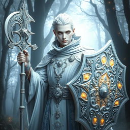An albino cleric dressed in intricate white and silver robes, holding a beautifully designed mace in one hand and a large ornate shield in the other