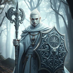 An albino cleric dressed in intricate white and silver robes, holding a beautifully designed mace in one hand and a large ornate shield in the other