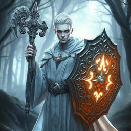 An albino cleric dressed in intricate white and silver robes, holding a beautifully designed mace in one hand and a large ornate shield in the other