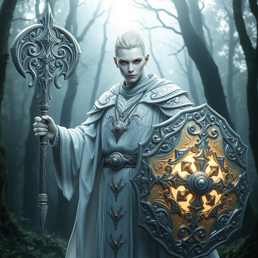 An albino cleric dressed in intricate white and silver robes, holding a beautifully designed mace in one hand and a large ornate shield in the other