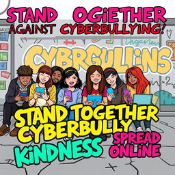 A vibrant and engaging poster focused on the theme of preventing cyberbullying