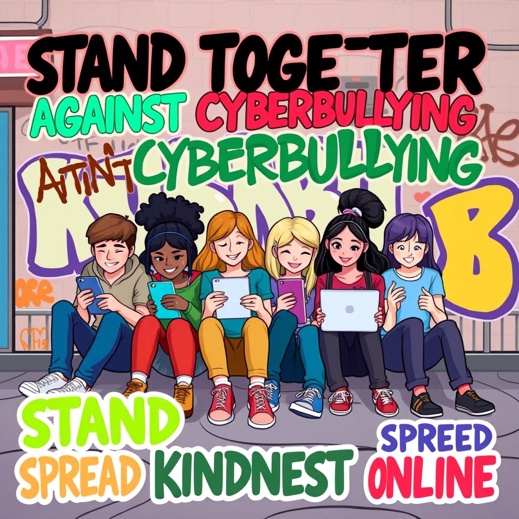 A vibrant and engaging poster focused on the theme of preventing cyberbullying