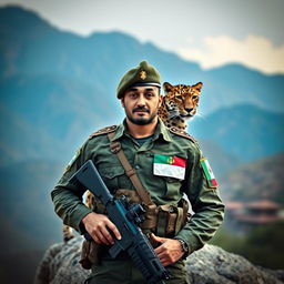 A proud Iranian soldier holding a rifle, wearing a uniform featuring the Iranian flag proudly displayed on their chest