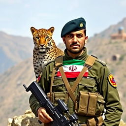 A proud Iranian soldier holding a rifle, wearing a uniform featuring the Iranian flag proudly displayed on their chest