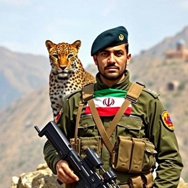 A proud Iranian soldier holding a rifle, wearing a uniform featuring the Iranian flag proudly displayed on their chest