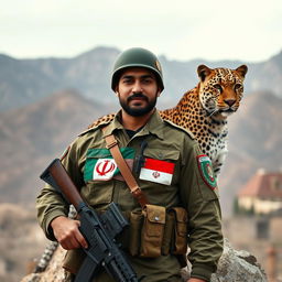 A proud Iranian soldier holding a rifle, wearing a uniform featuring the Iranian flag proudly displayed on their chest