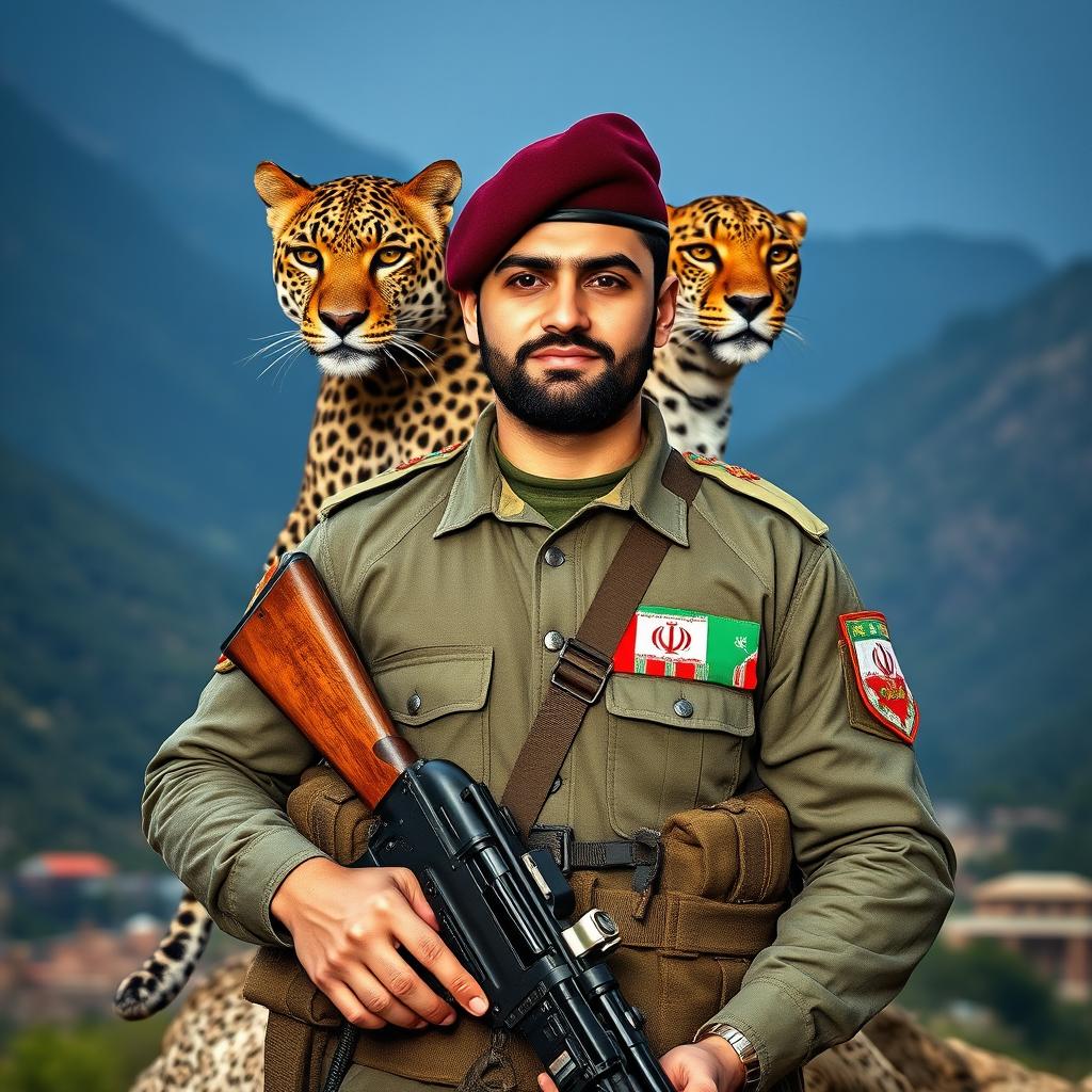 A proud Iranian soldier holding a rifle, wearing a uniform featuring the Iranian flag proudly displayed on their chest