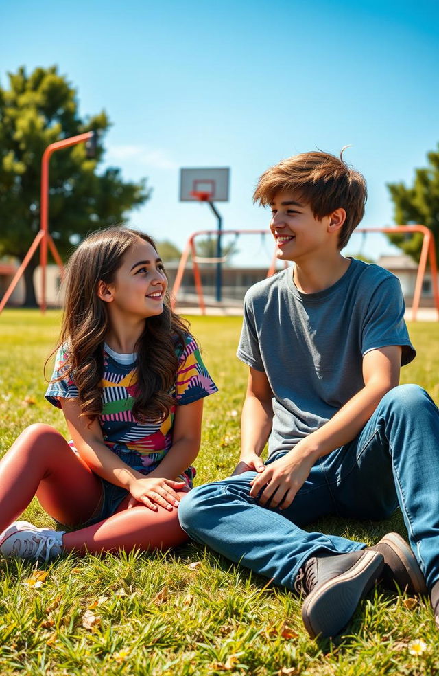 A heartwarming scene depicting two high school best friends, a girl and a boy, sitting together on a grassy field under a bright blue sky