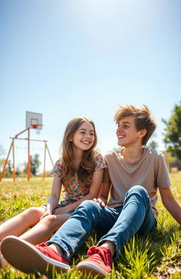 A heartwarming scene depicting two high school best friends, a girl and a boy, sitting together on a grassy field under a bright blue sky