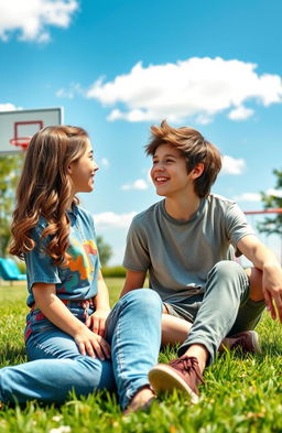 A heartwarming scene depicting two high school best friends, a girl and a boy, sitting together on a grassy field under a bright blue sky