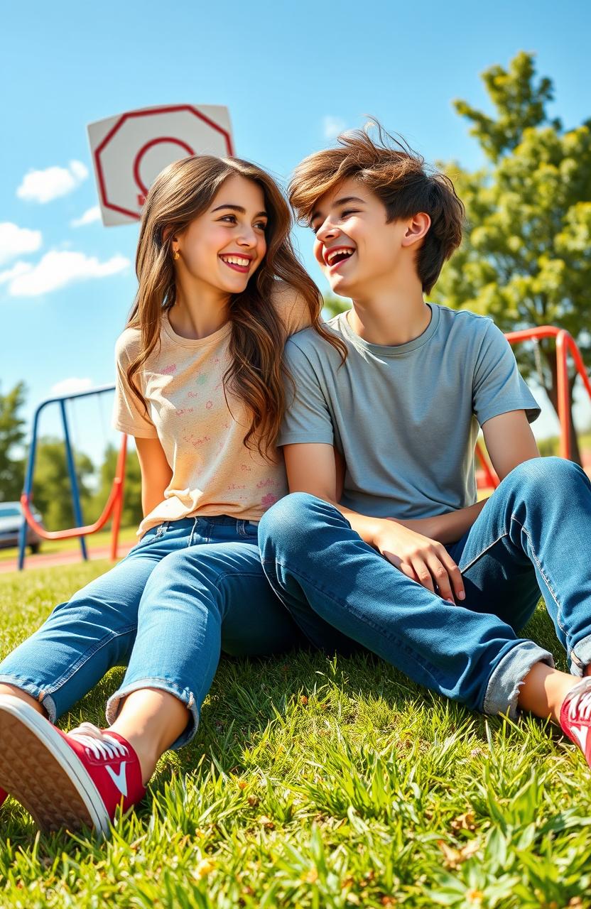 A heartwarming scene depicting two high school best friends, a girl and a boy, sitting together on a grassy field under a bright blue sky