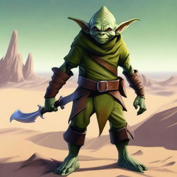 This high-quality digital art image features a male goblin with green skin, a large curved nose, and no hair