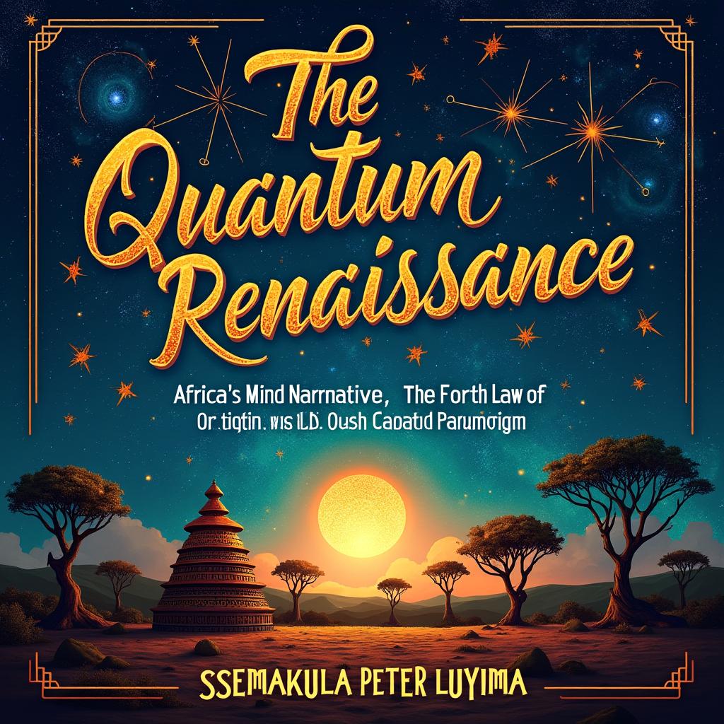 An artistic book cover design for 'The Quantum Renaissance: Africa’s Mind Narrative, The Fourth Law of Logic, and the Social Capital Paradigm' by Ssemakula Peter Luyima