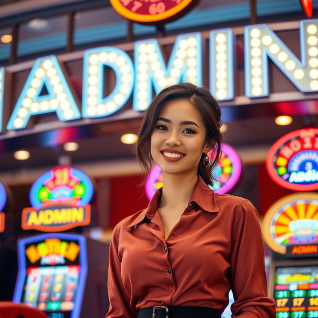 A beautiful female cashier standing confidently in front of a casino backdrop, with bright lights and colorful slot machines visible behind her