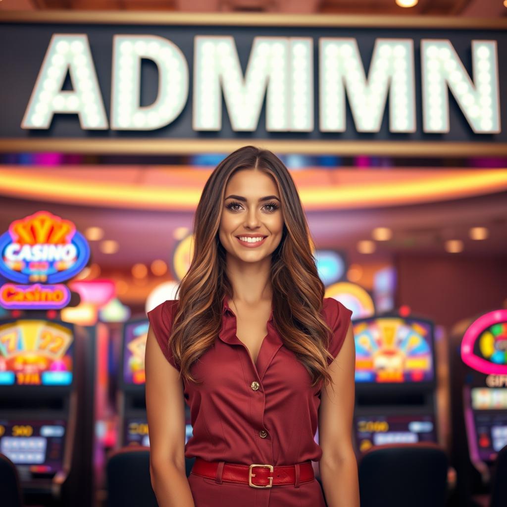 A beautiful female cashier standing confidently in front of a casino backdrop, with bright lights and colorful slot machines visible behind her