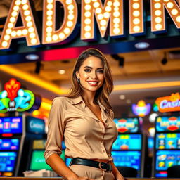 A beautiful female cashier standing confidently in front of a casino backdrop, with bright lights and colorful slot machines visible behind her