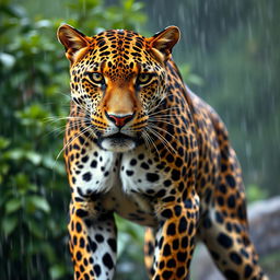 A muscular Persian leopard standing majestically in the rain, showcasing its powerful physique and sleek fur glistening with droplets