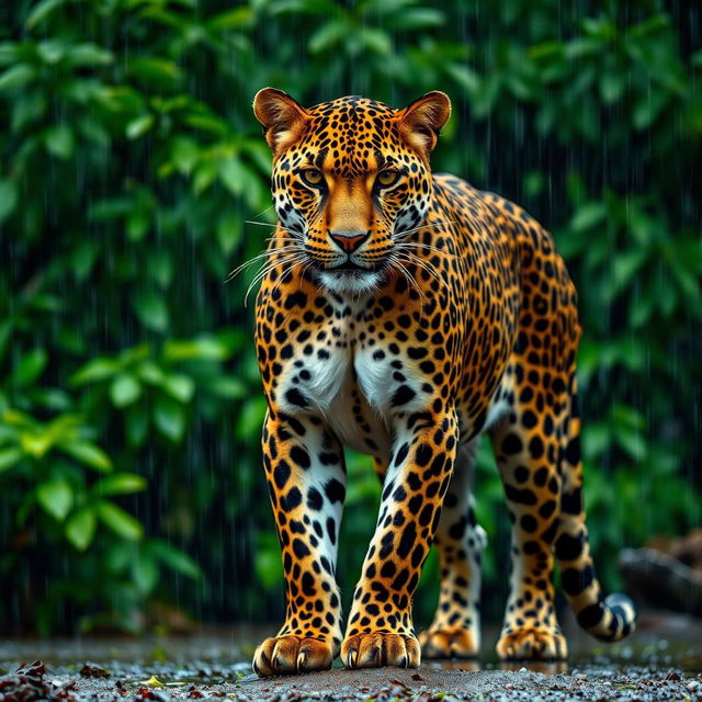 A muscular Persian leopard standing majestically in the rain, showcasing its powerful physique and sleek fur glistening with droplets