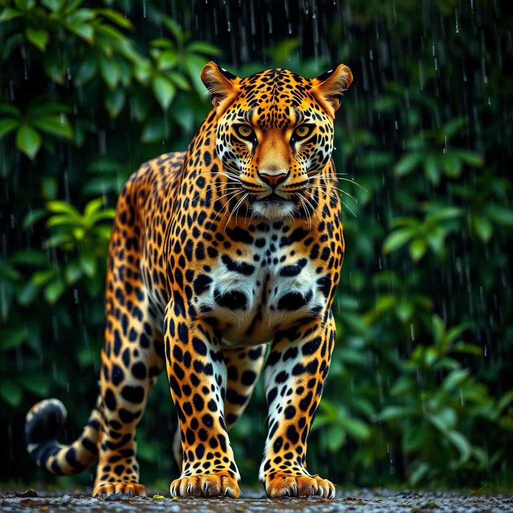 A muscular Persian leopard standing majestically in the rain, showcasing its powerful physique and sleek fur glistening with droplets