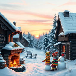 A beautiful image of a traditional Russian village during winter, with classic wooden houses adorned with intricate carvings