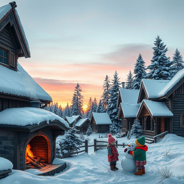 A beautiful image of a traditional Russian village during winter, with classic wooden houses adorned with intricate carvings