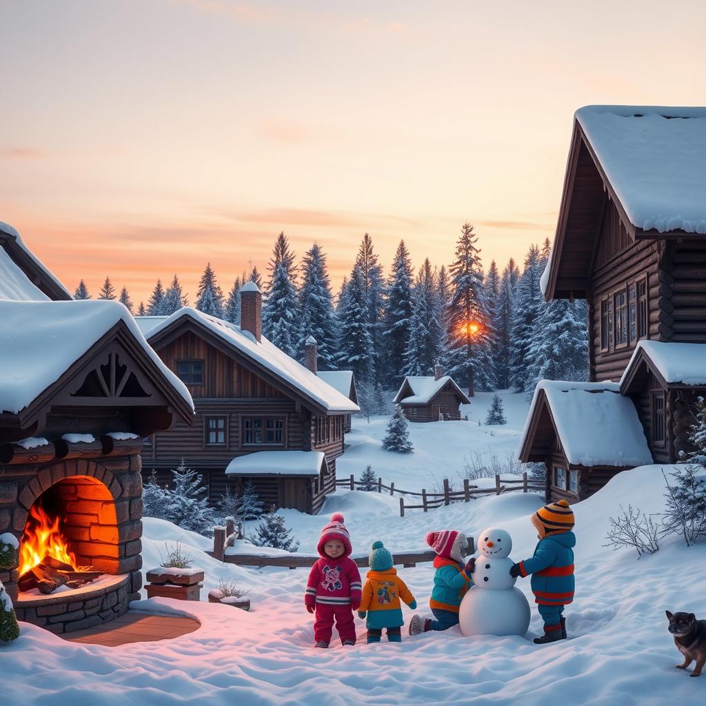 A beautiful image of a traditional Russian village during winter, with classic wooden houses adorned with intricate carvings