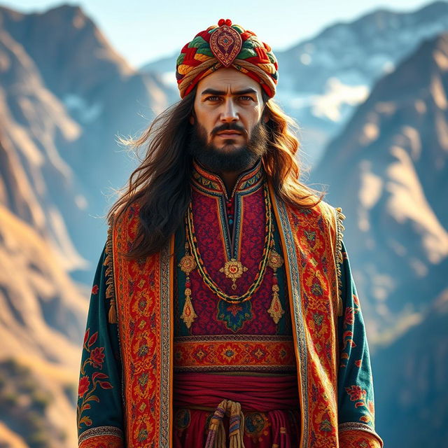 A stunning depiction of a Kurdish king named Diako, wearing traditional Kurdish attire that features vibrant colors and intricate patterns