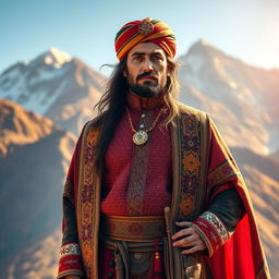 A stunning depiction of a Kurdish king named Diako, wearing traditional Kurdish attire that features vibrant colors and intricate patterns