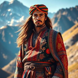A stunning depiction of a Kurdish king named Diako, wearing traditional Kurdish attire that features vibrant colors and intricate patterns